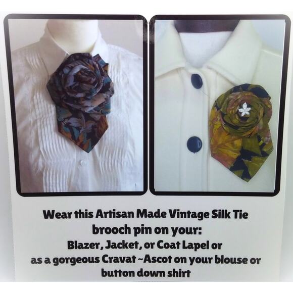 Vintage Silk Tie Brooch Pin Upcycled Wembley Hand Crafted Floral Button Jeweled - Picture 2 of 12
